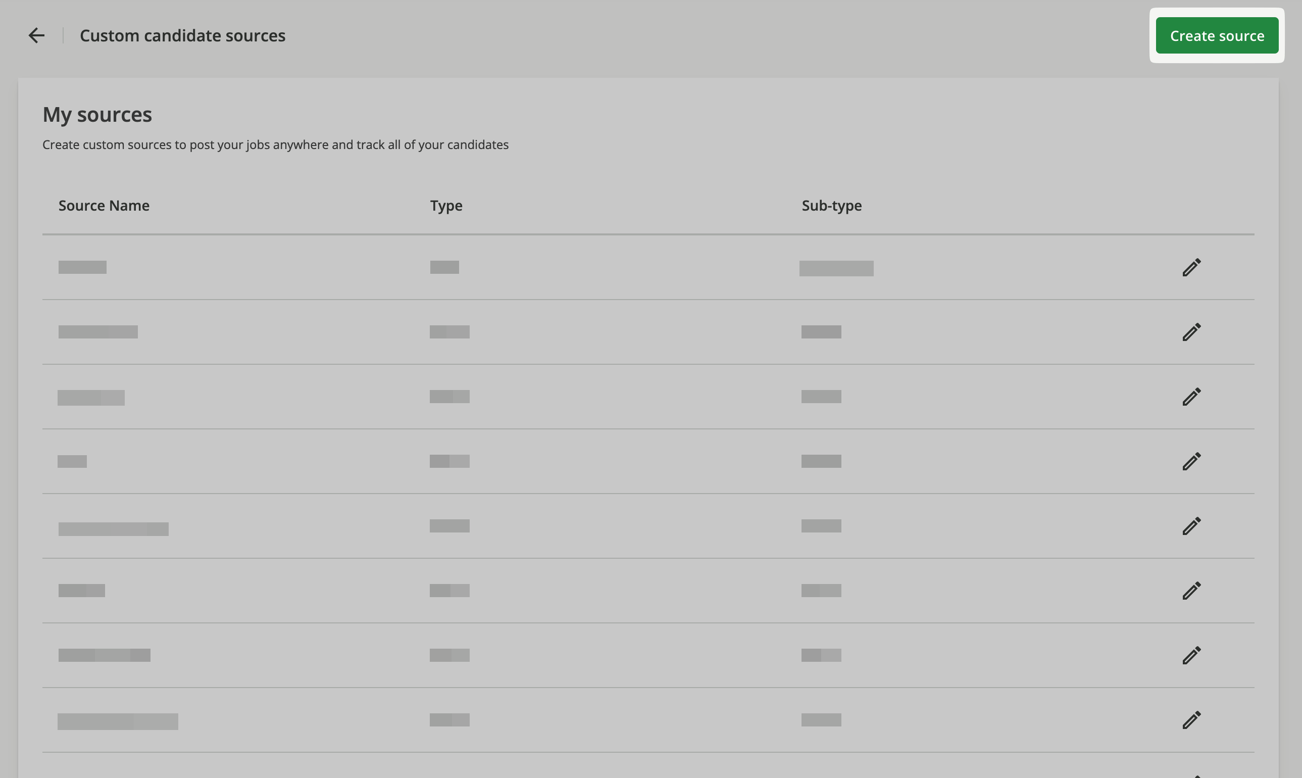 Create source button on the Custom candidate sources page