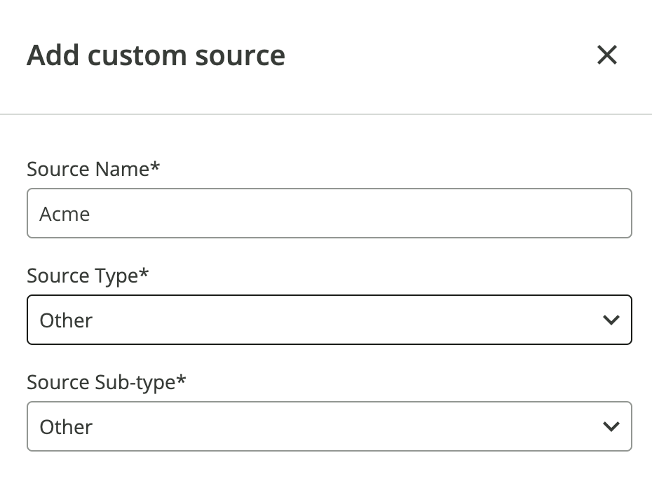Add custom source form with Source Name, Source Type, and Source Sub-type
