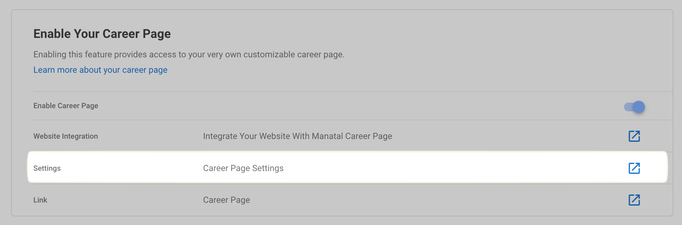 Career Page Settings tab