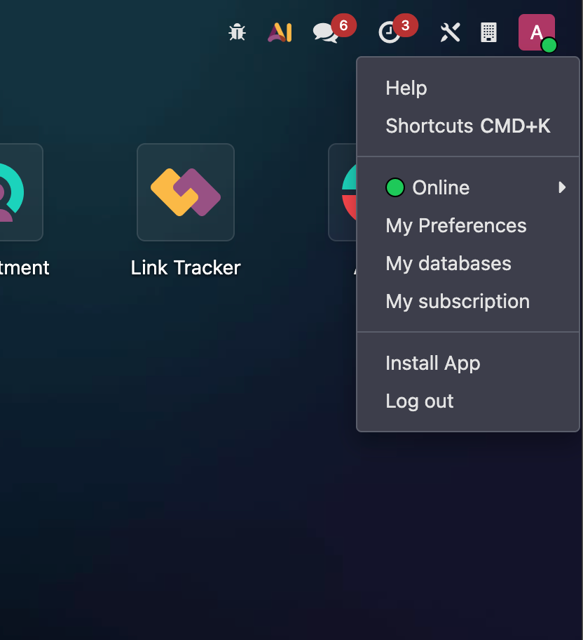 Menu in the top right corner of Odoo