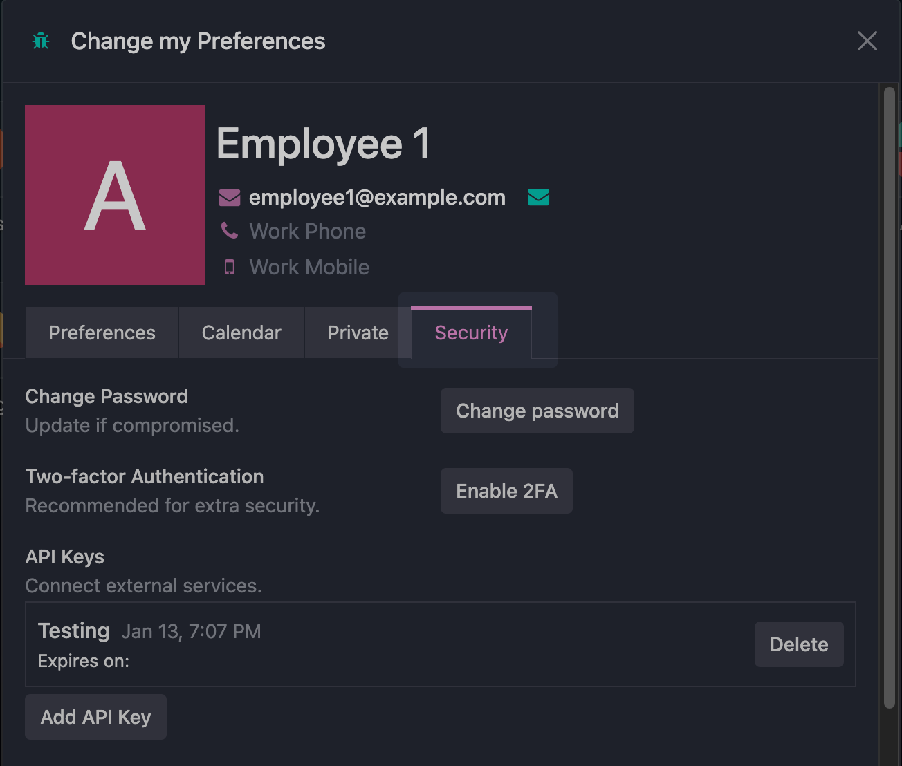 Security tab on the Odoo preferences page