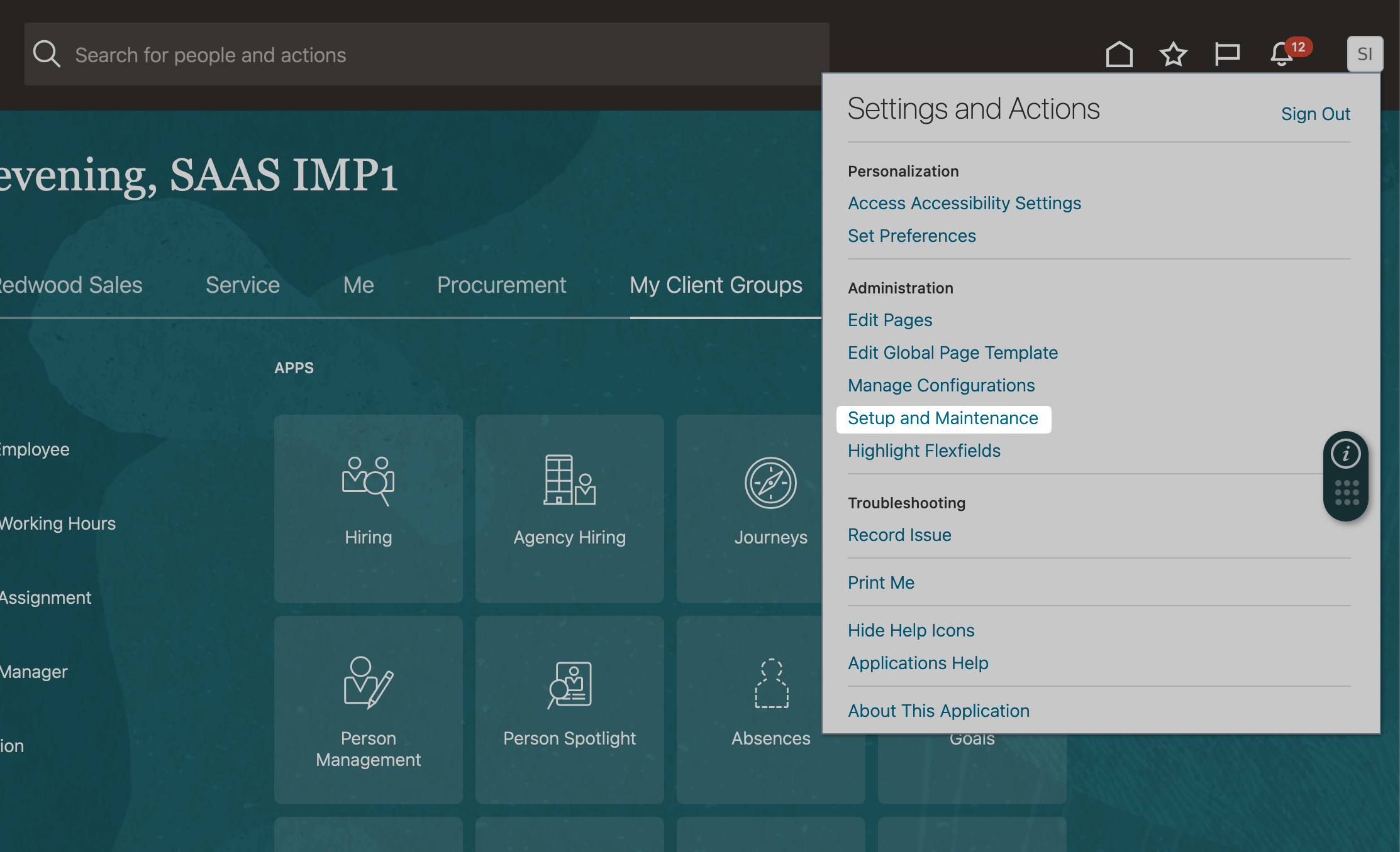 Setup and Maintenance in the top right menu