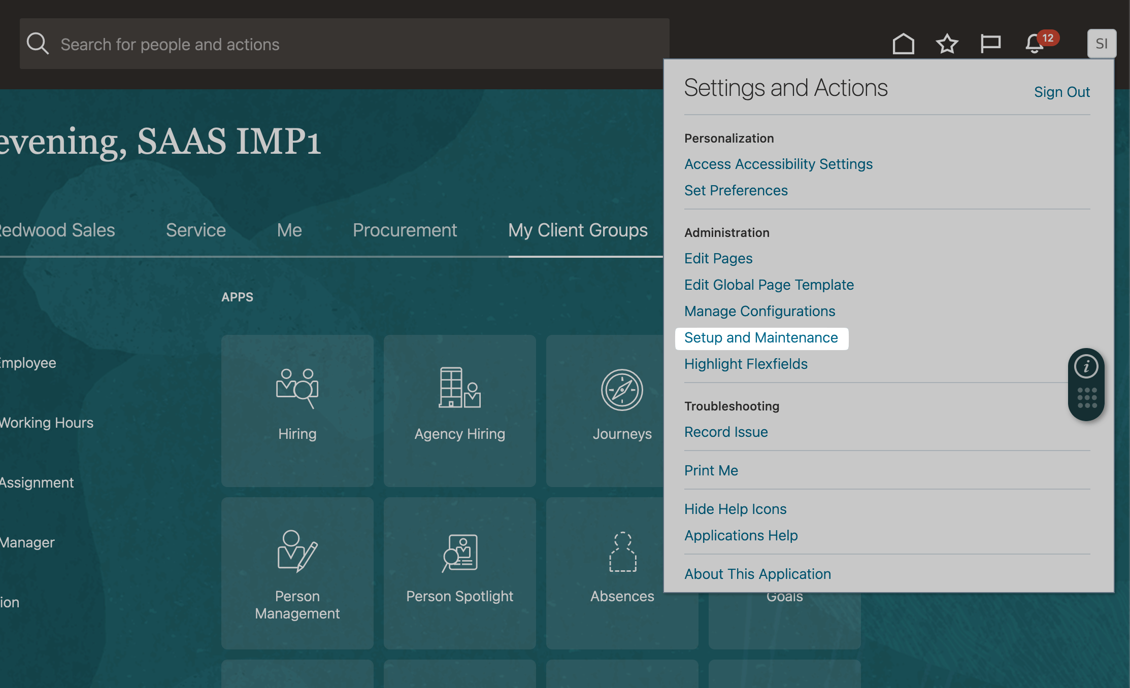 Setup and Maintenance in the top right menu