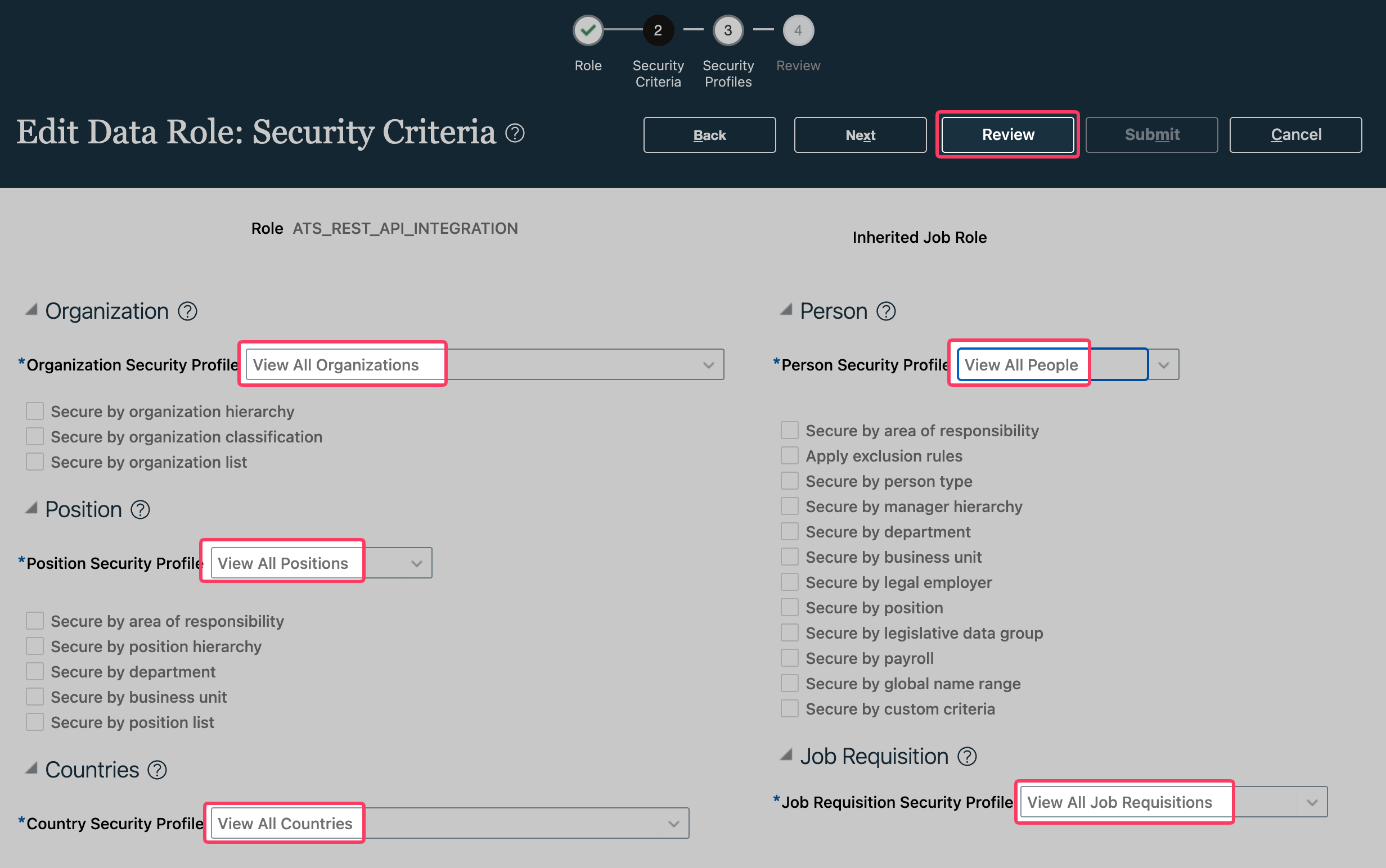 Security Criteria selections