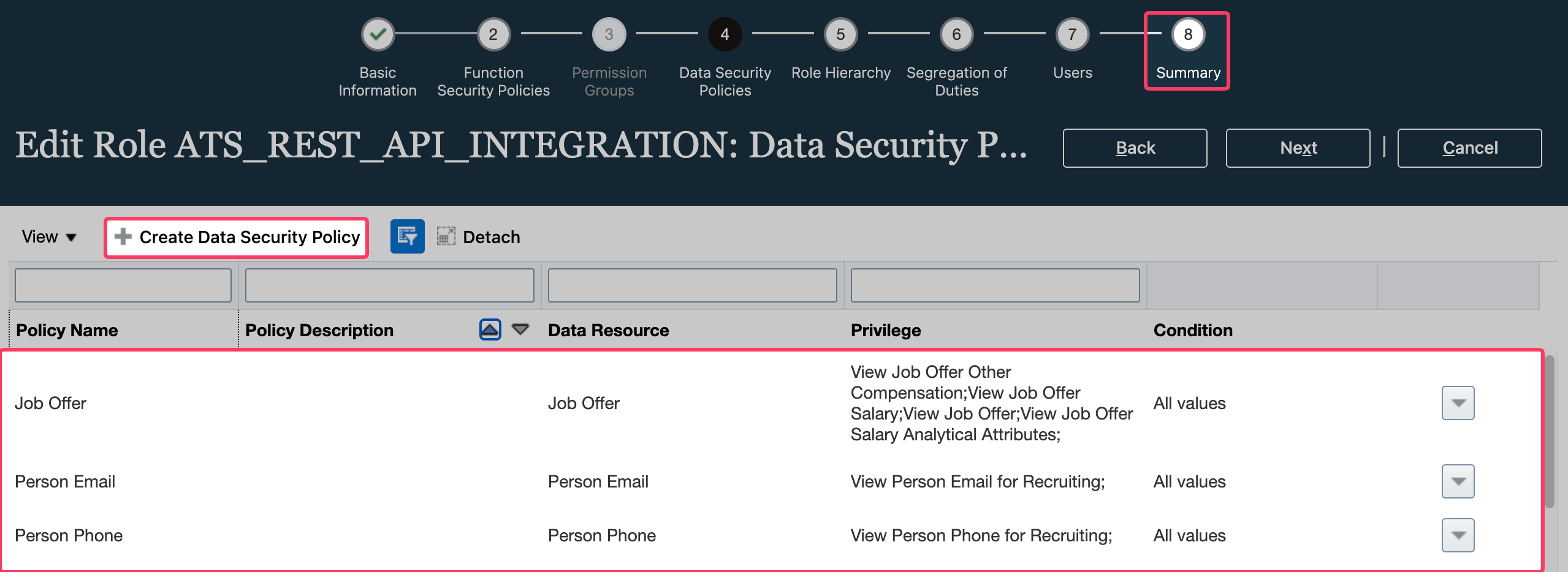 Policy details from the connection flow