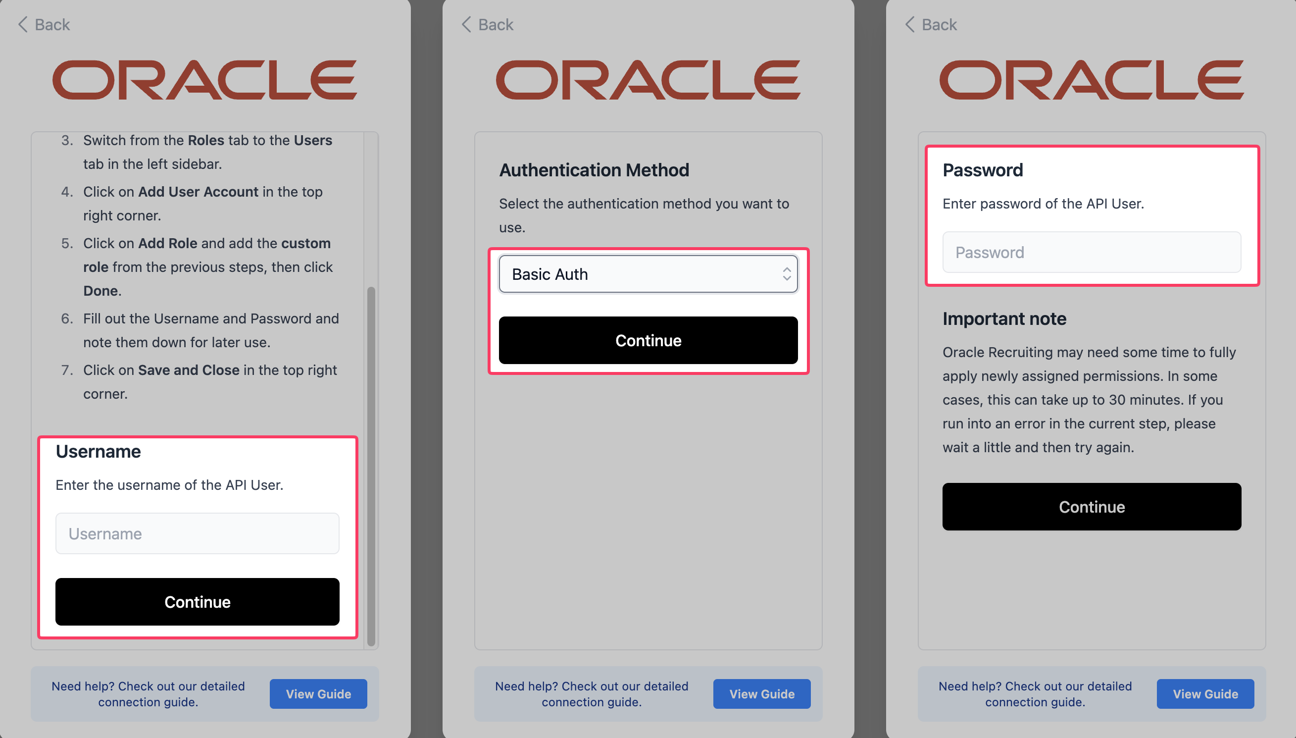 Entering the username and password in the connection flow