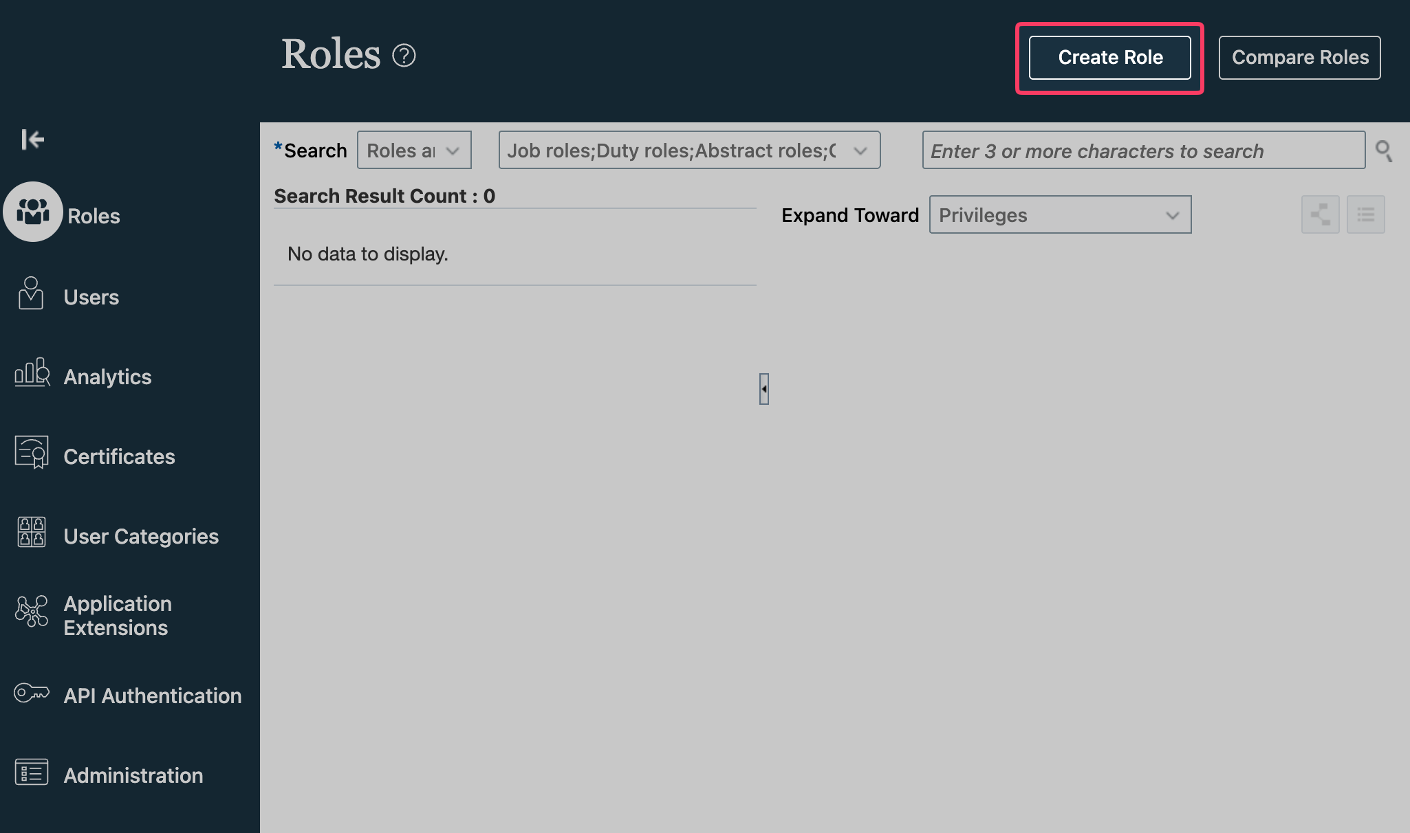 Create Role button in the Security Console