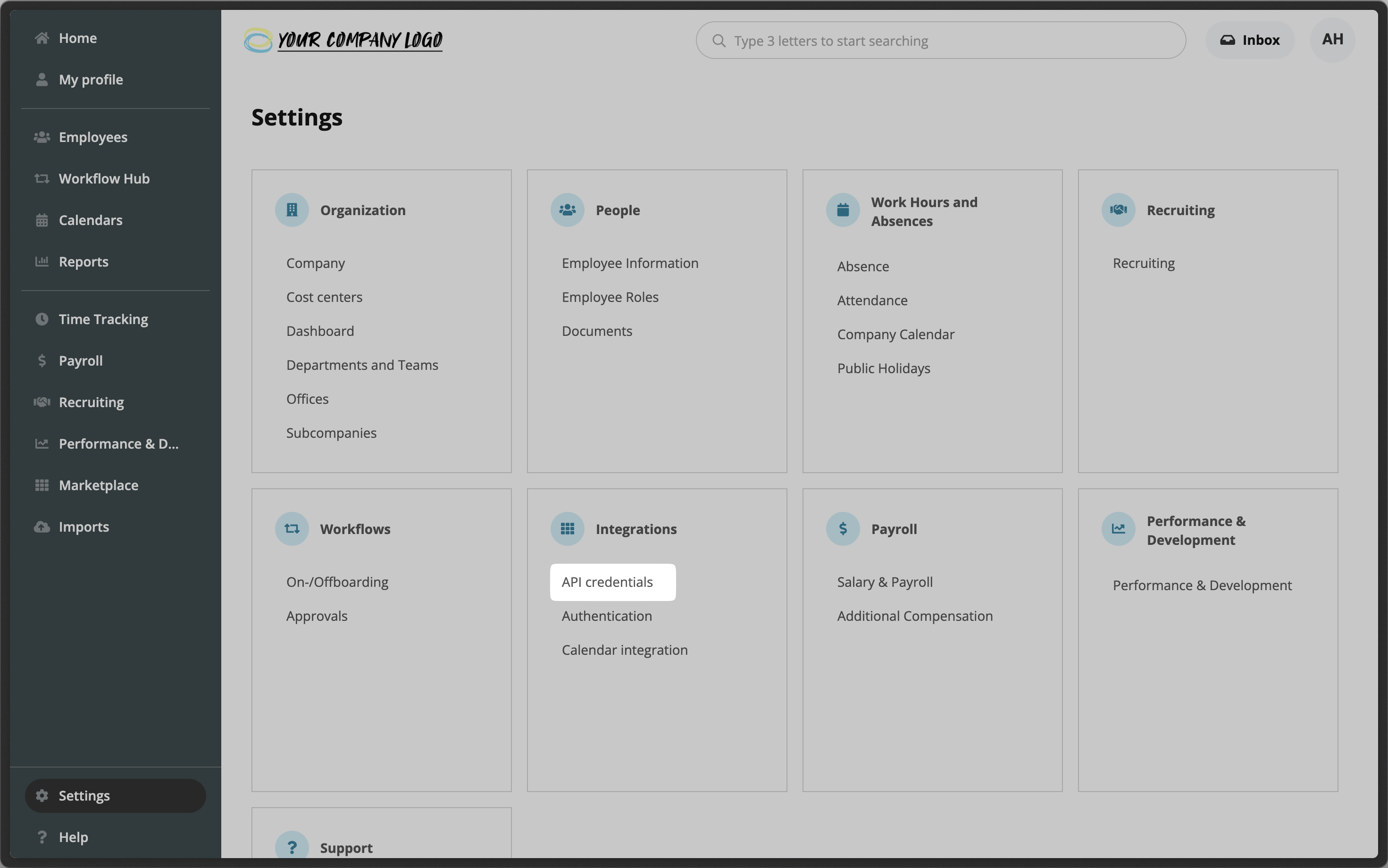 API Credentials option in the Integrations section