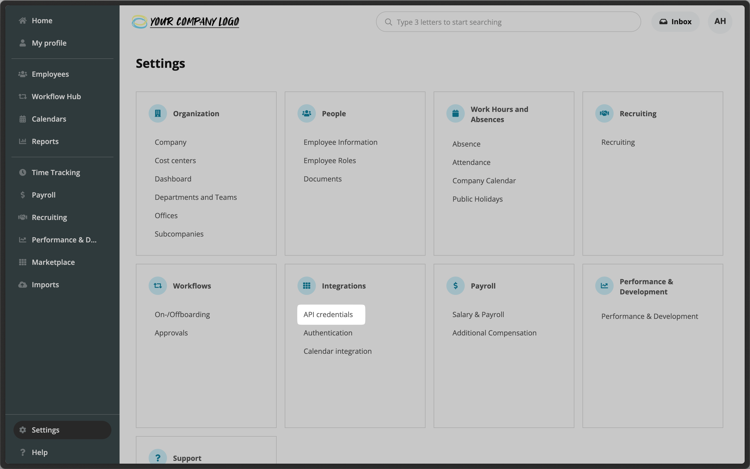 API Credentials option in the Integrations section