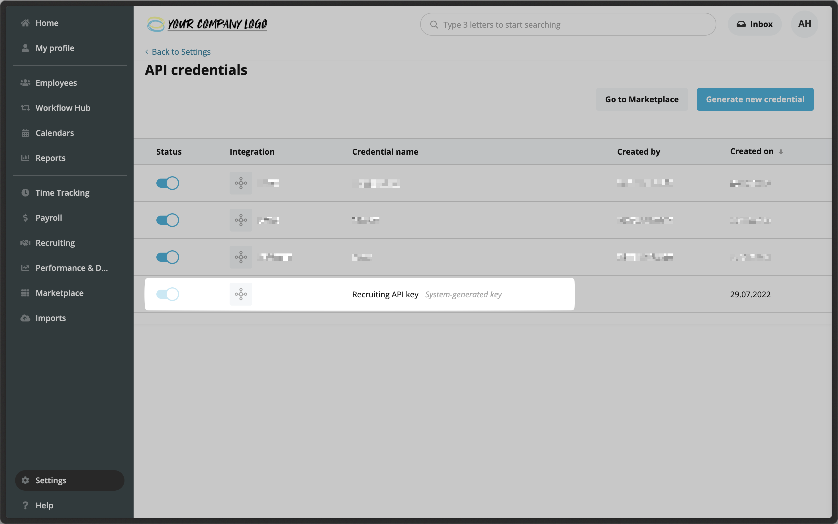 Recruiting API key listed on the API credentials page