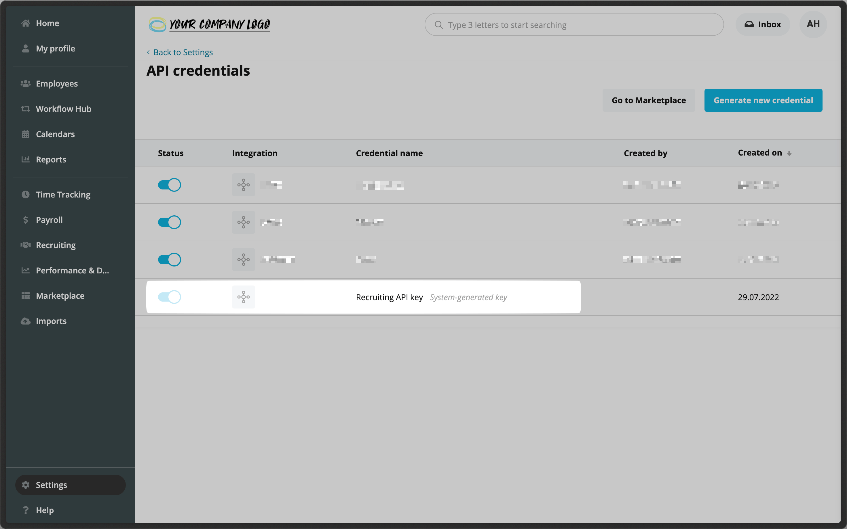Recruiting API key listed on the API credentials page