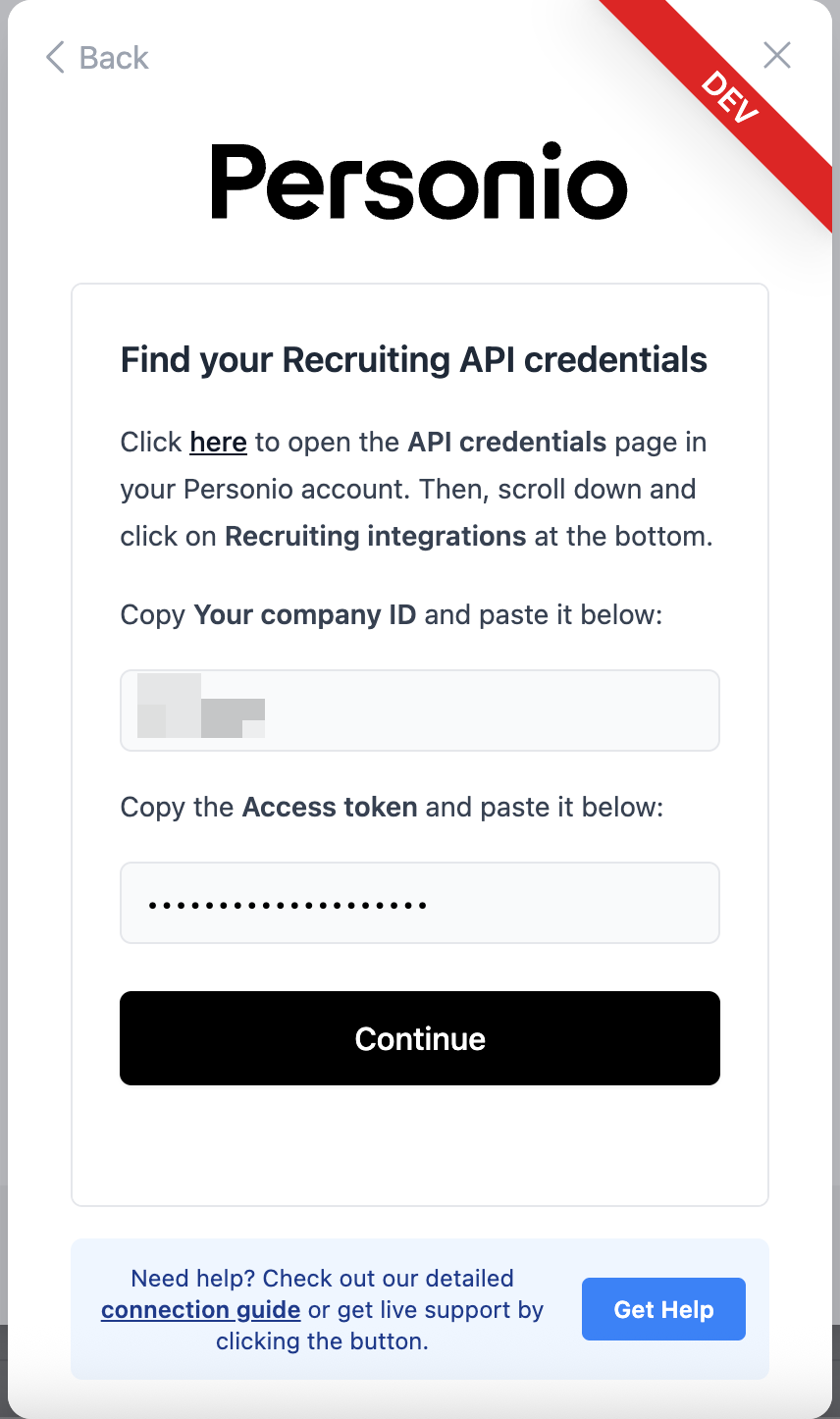 Pasting the Company ID and Access token into the connection flow