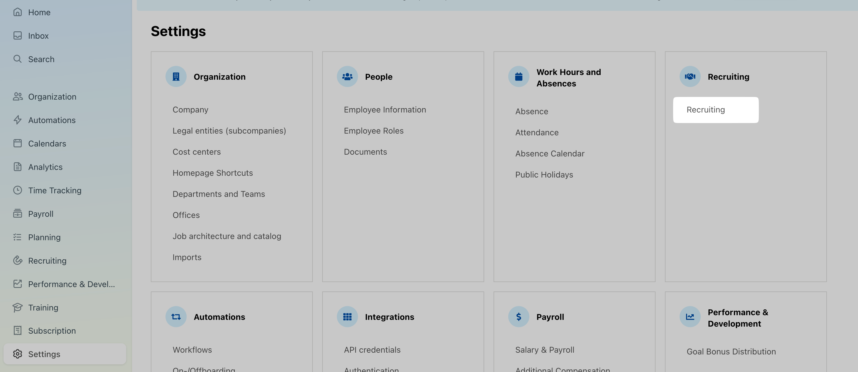 Recruiting option in the settings page