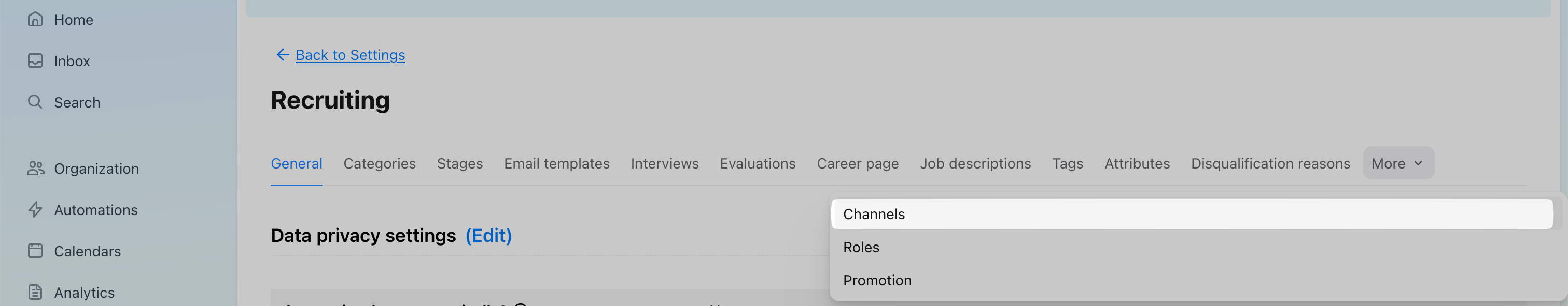 Channels option in the dropdown