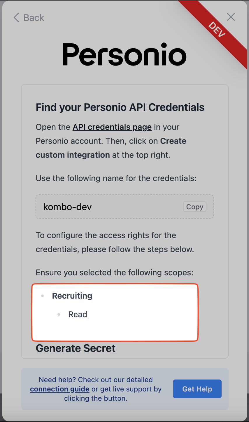 Access rights listed in the connection flow
