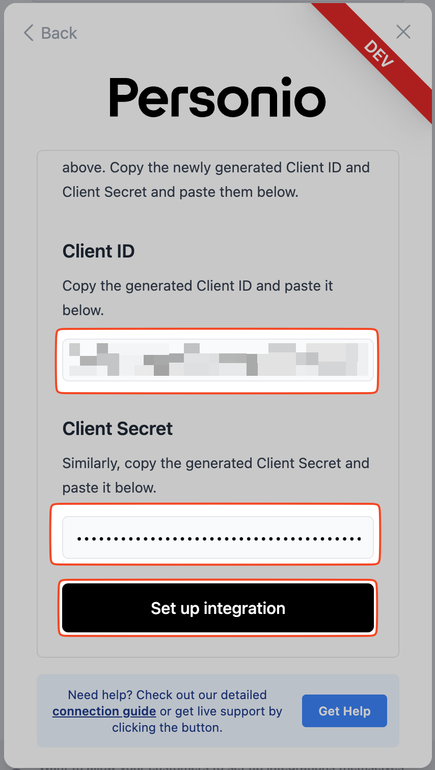 Entering the client ID and API Secret in the connection flow