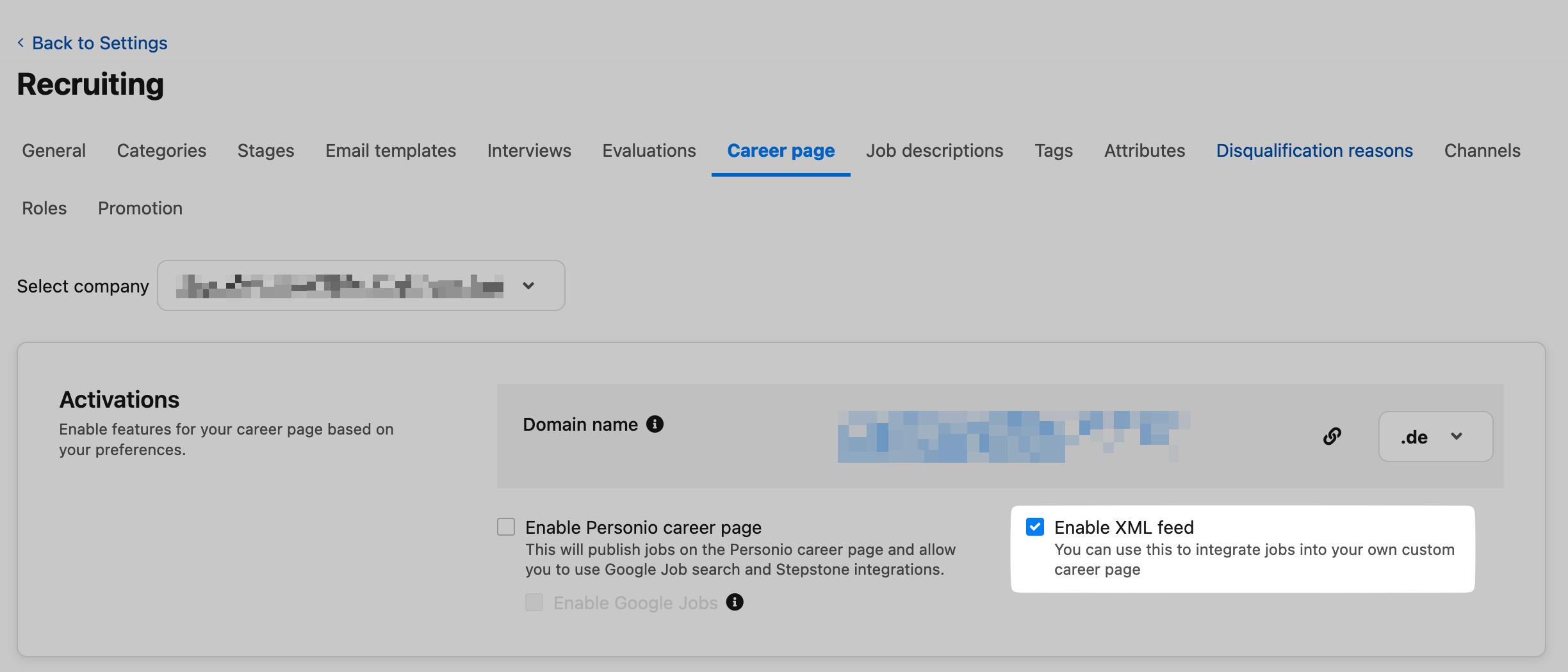 Enable XML feed toggle