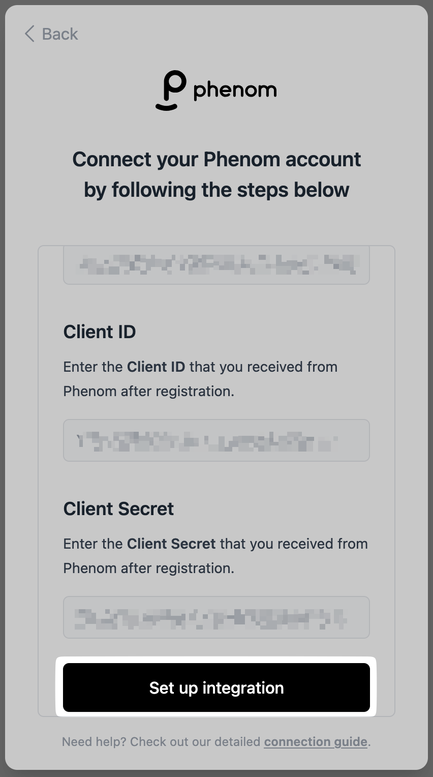 Entering the Phenom API credentials in the connection flow