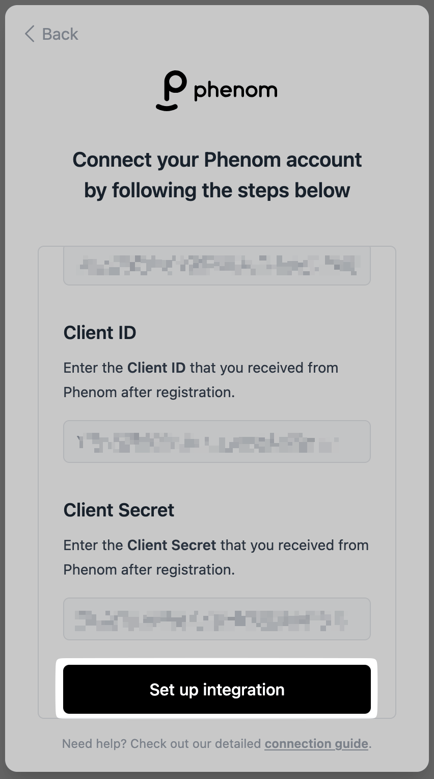Entering the Phenom API credentials in the connection flow