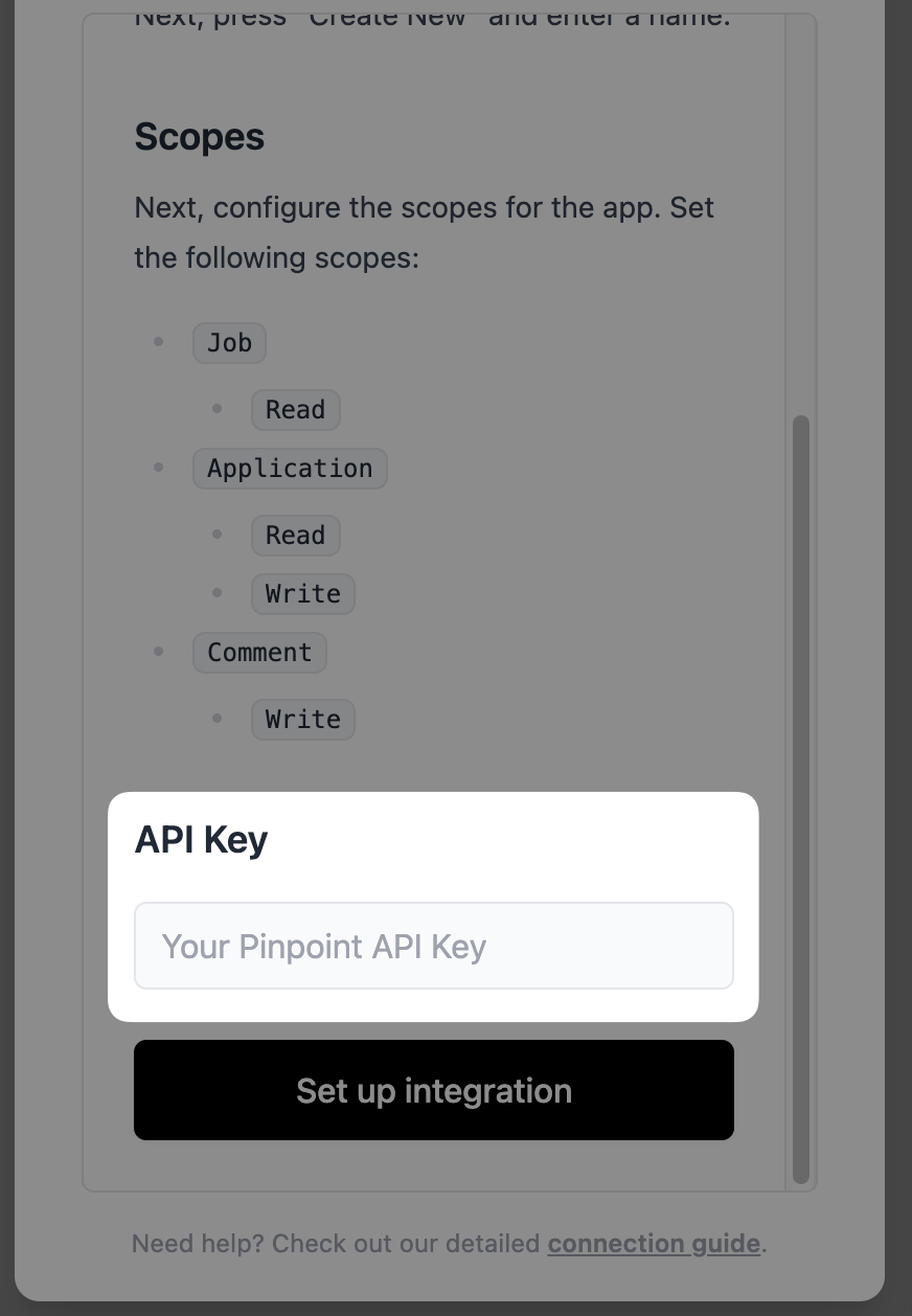 Pasting the API key into the connection flow