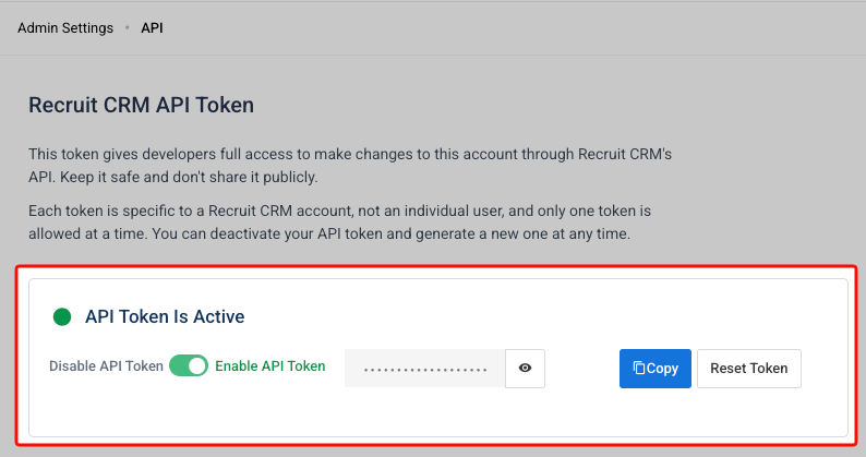 Copying the API token in Recruit CRM