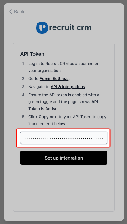 Pasting the API token into the connection flow