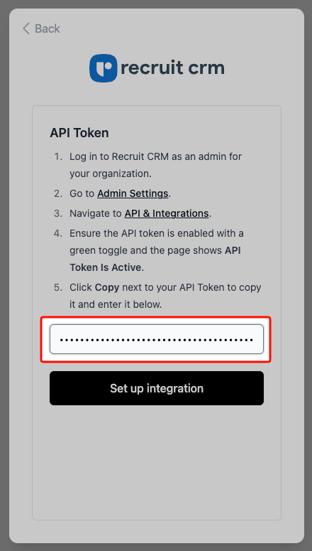 Pasting the API token into the connection flow