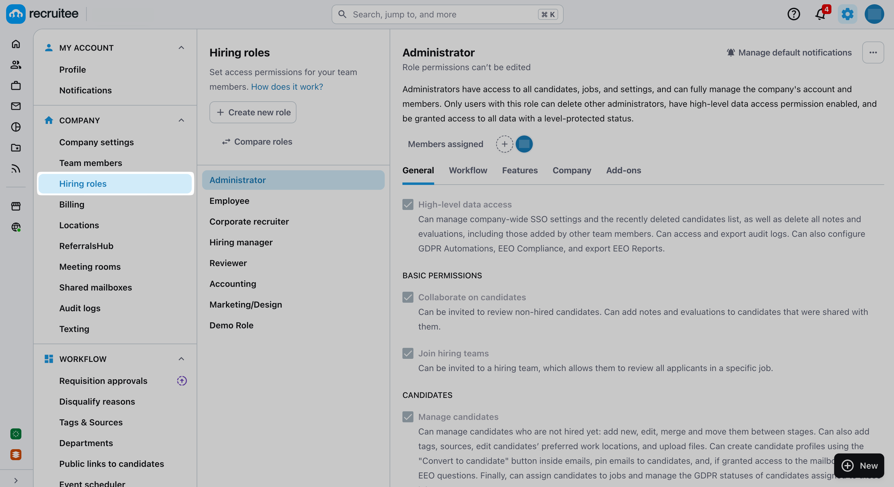 Hiring roles option under Company in the sidebar