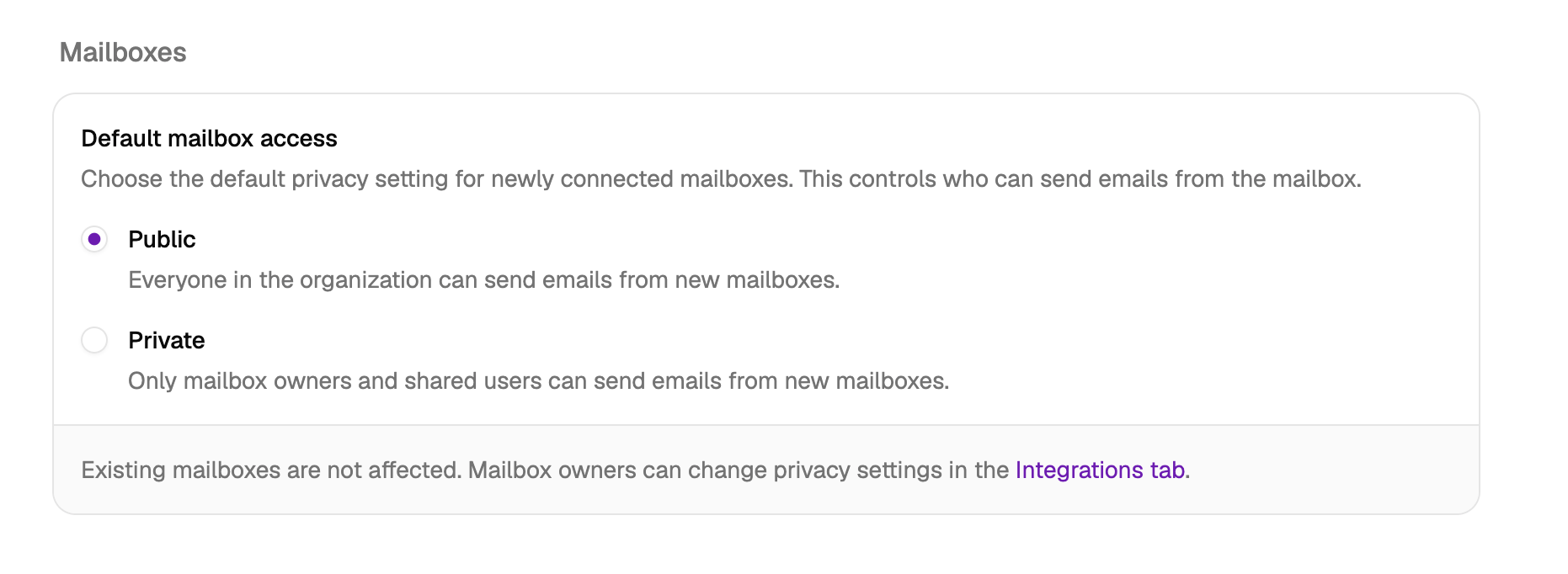 Default mailbox access setting with Public and Private options