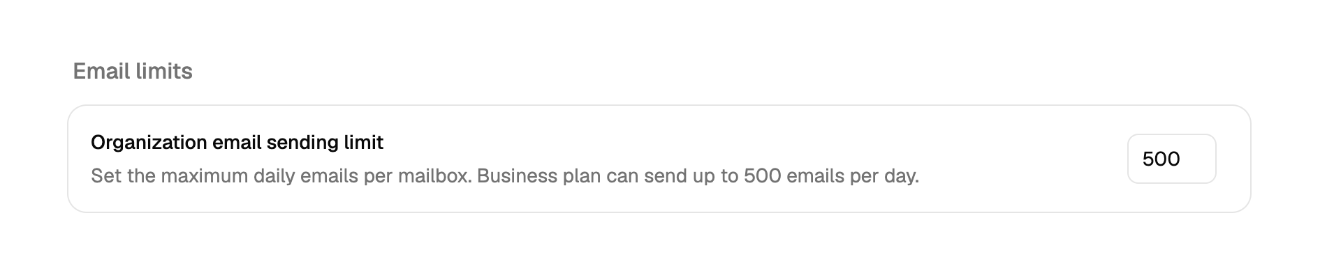 Organization email sending limit field set to 500