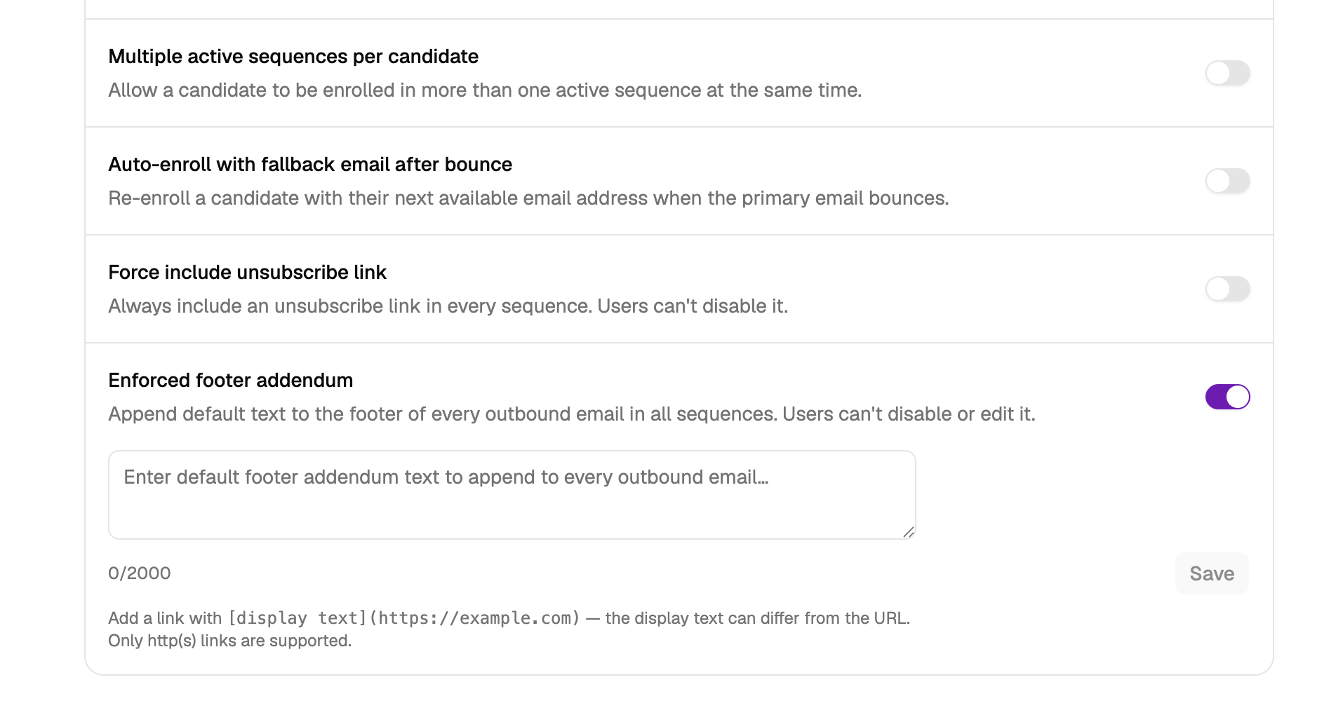 Enforced footer addendum toggle with text input for default footer content