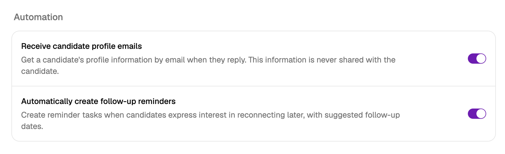 Automation section with toggles for receiving candidate profile emails and creating follow-up reminders