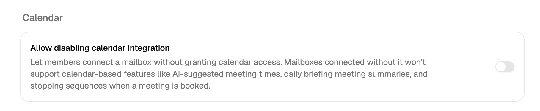 Calendar section with toggle to allow disabling calendar integration