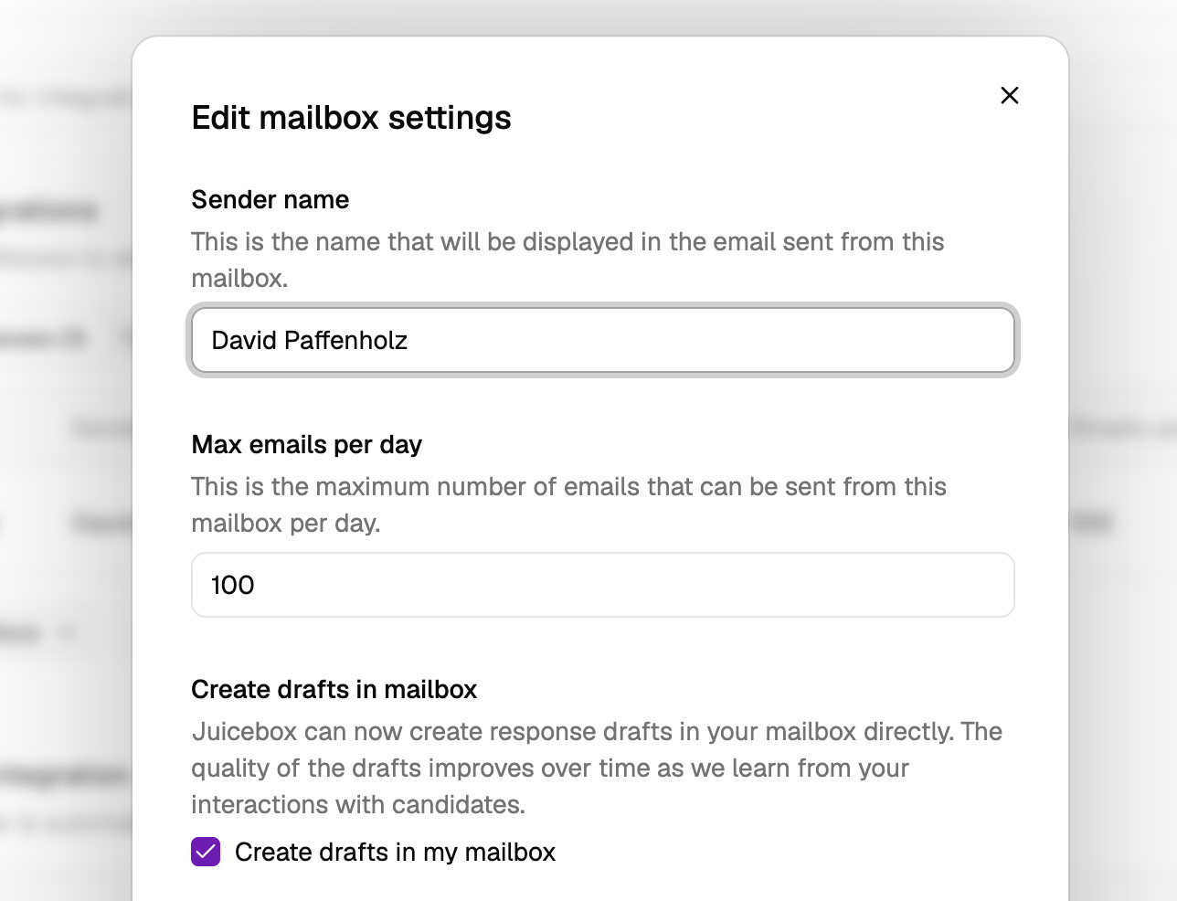Edit mailbox settings dialog showing sender name and max emails per day fields