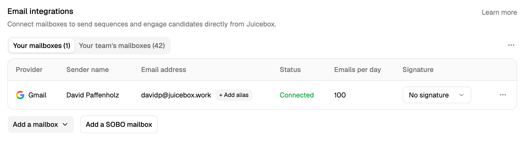 Email integrations page showing your mailboxes and team's mailboxes with per-day sending limits