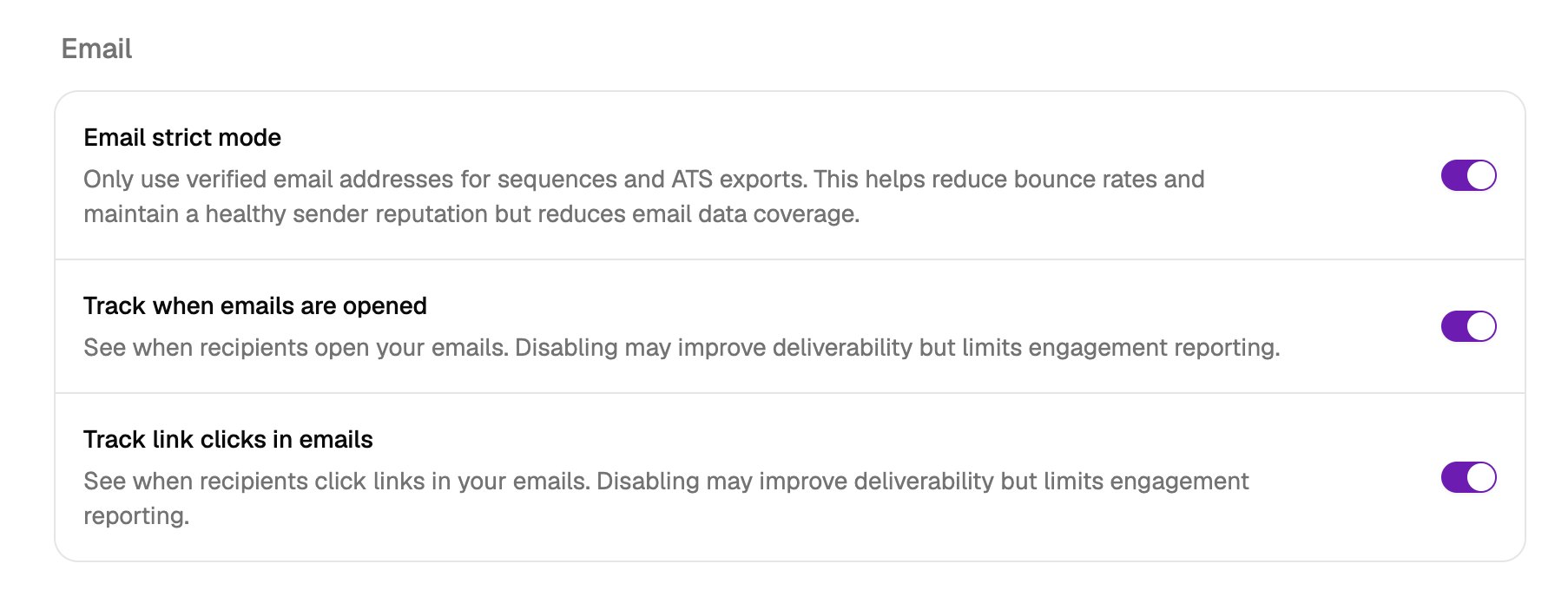 Email settings section with toggles for strict mode, open tracking, and click tracking