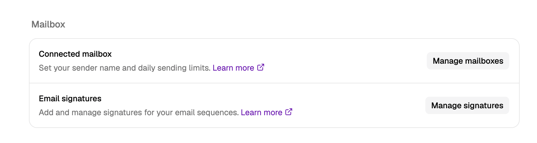 Mailbox section showing Connected mailbox and Email signatures rows