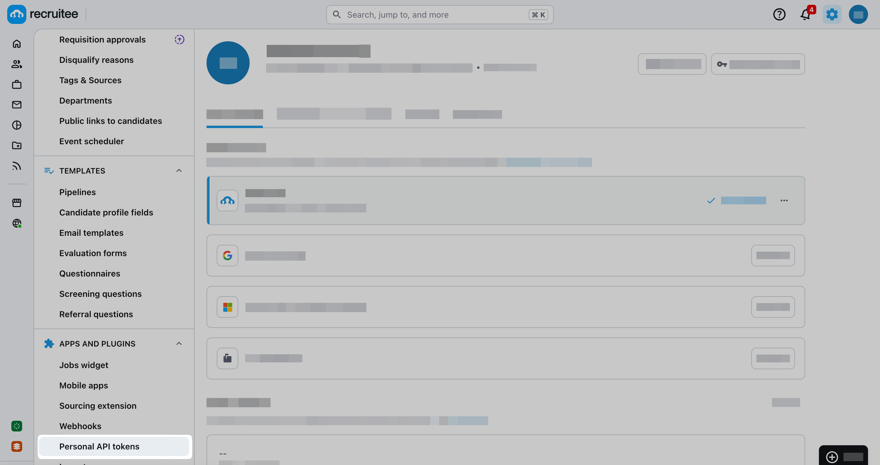 Personal API tokens option in the sidebar