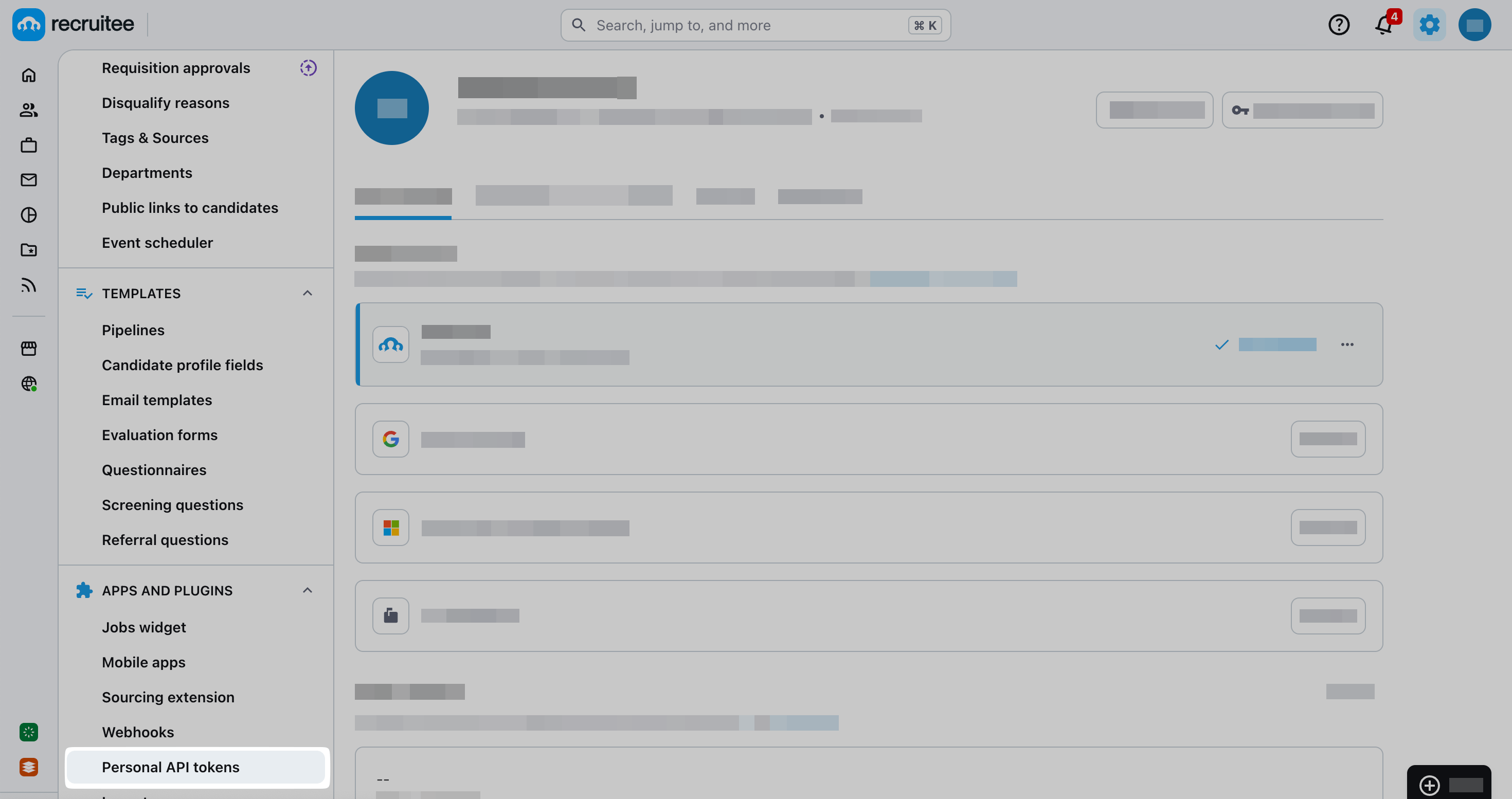 Personal API tokens option in the sidebar