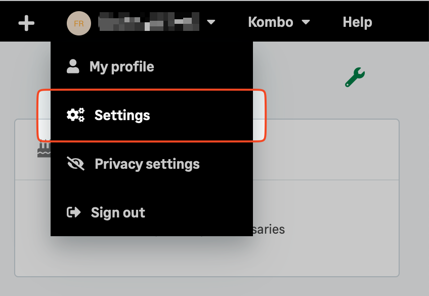 Username drop-down in the top right corner