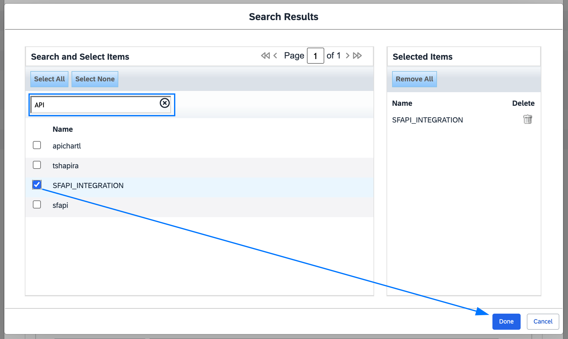 Selecting the integration user for the group