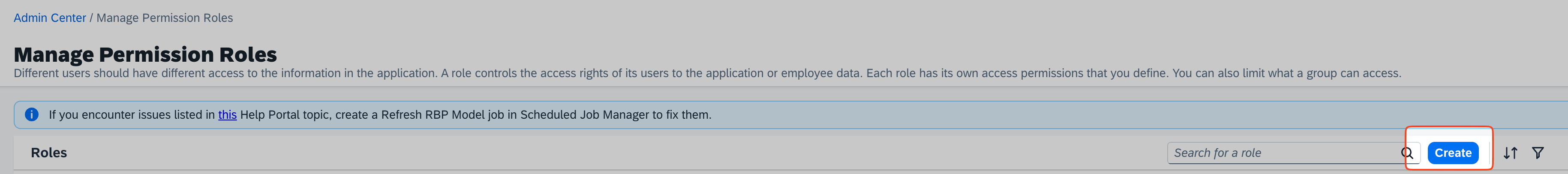 Create button on the permission roles page