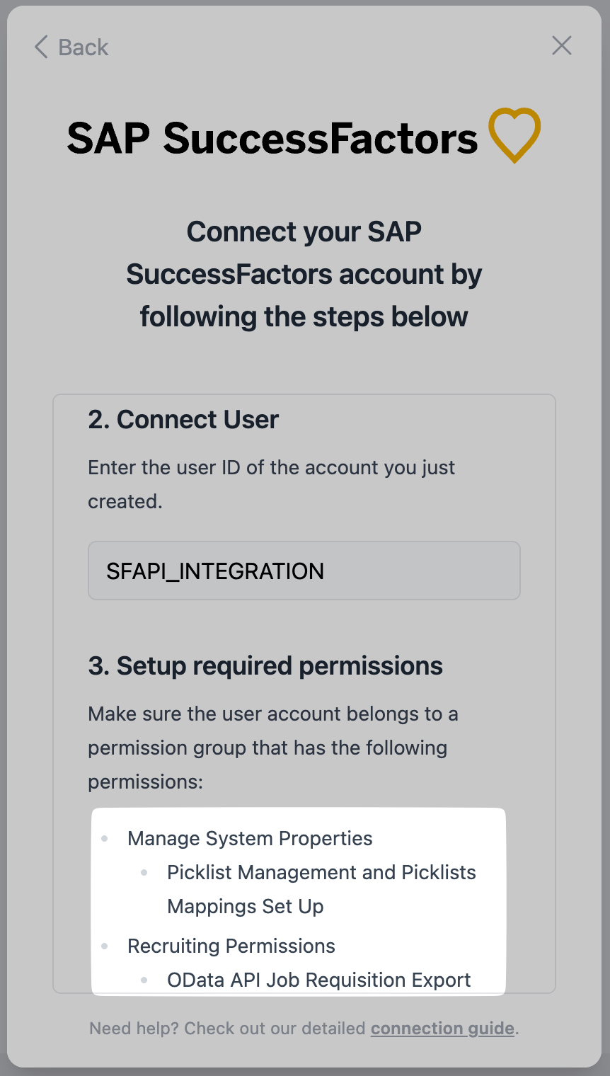 Example permissions listed in the connection flow