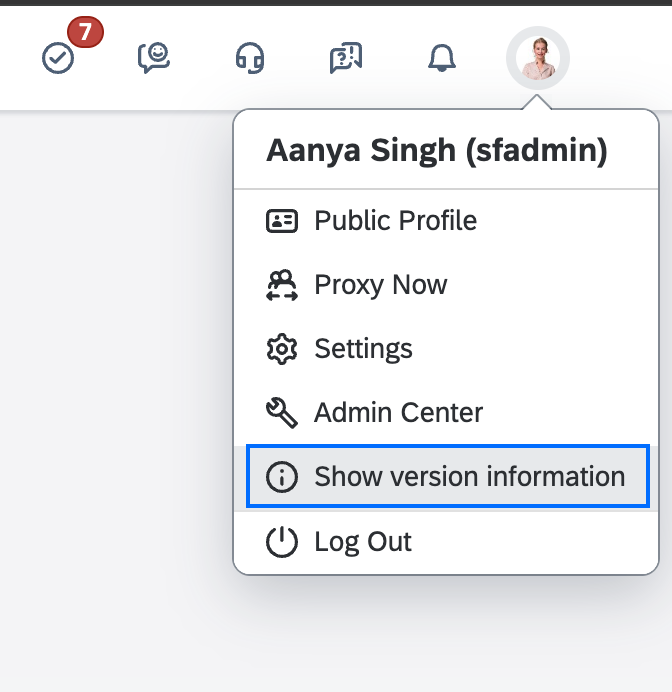 Show version information option under the profile picture