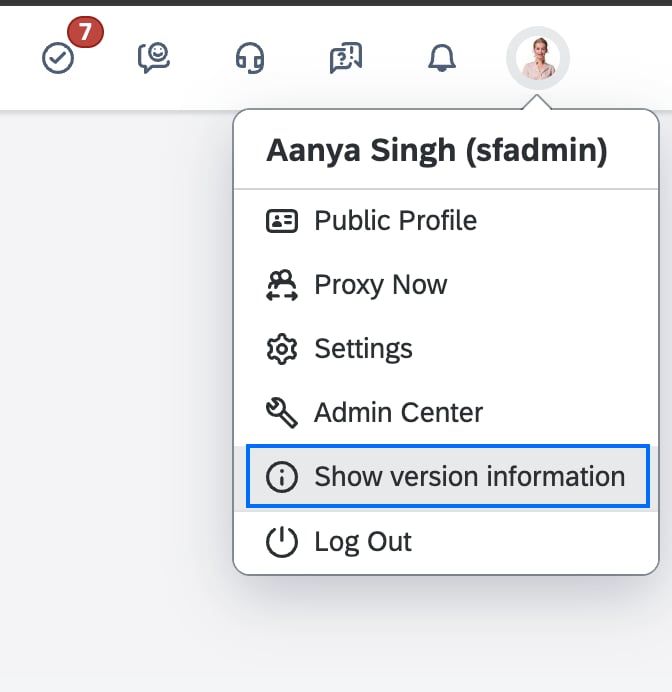 Show version information option under the profile picture