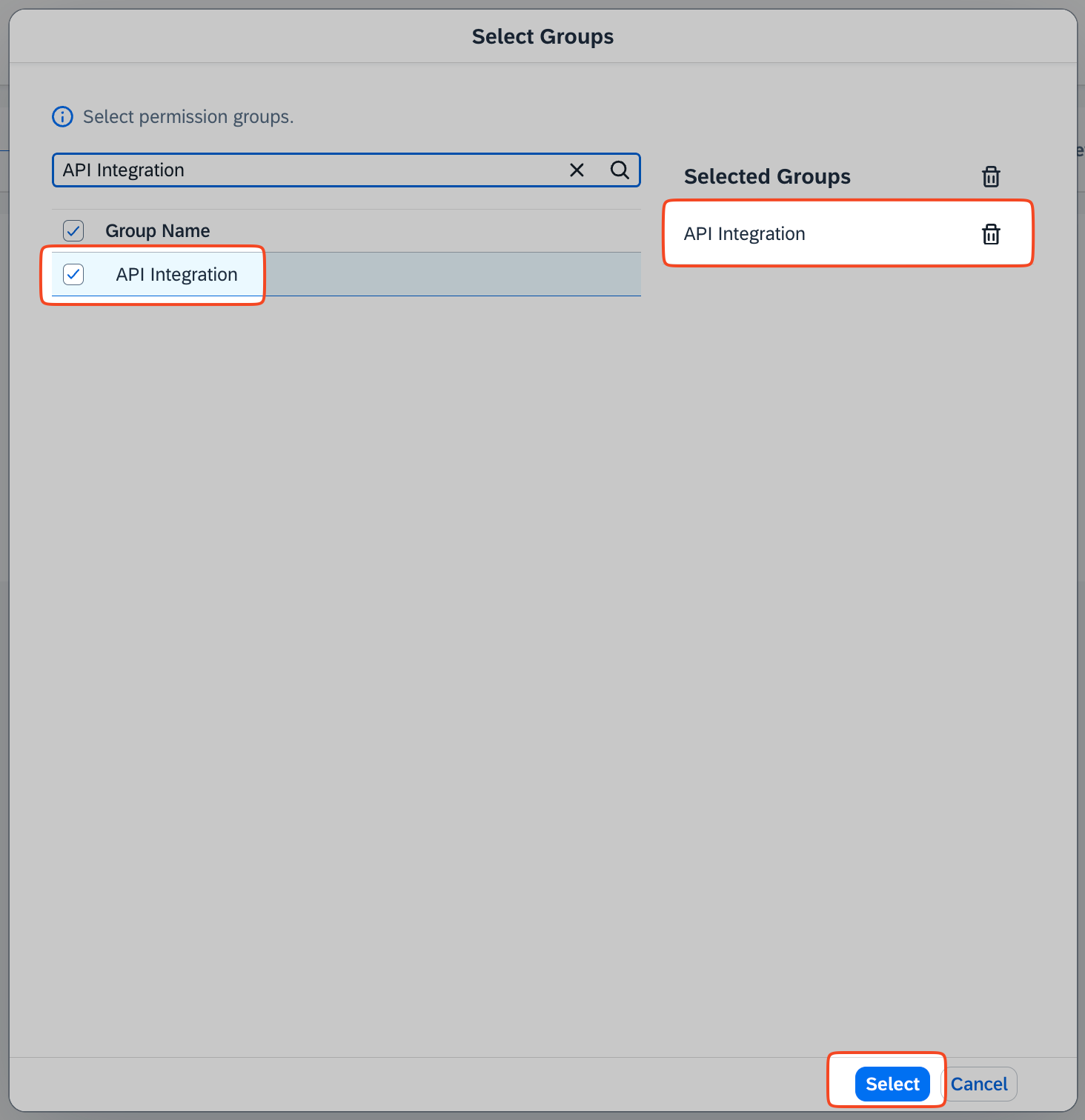Selecting the permission group