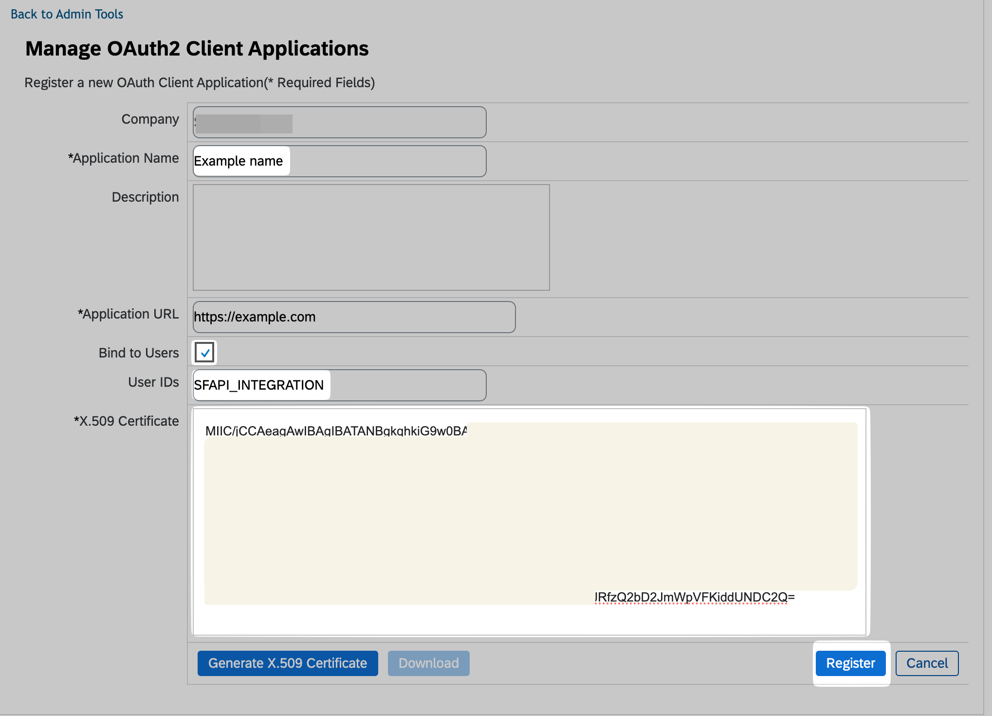 Pasting the certificate and registering