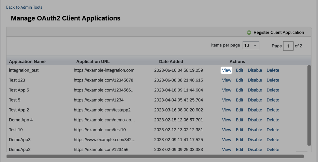 View link on the registered application