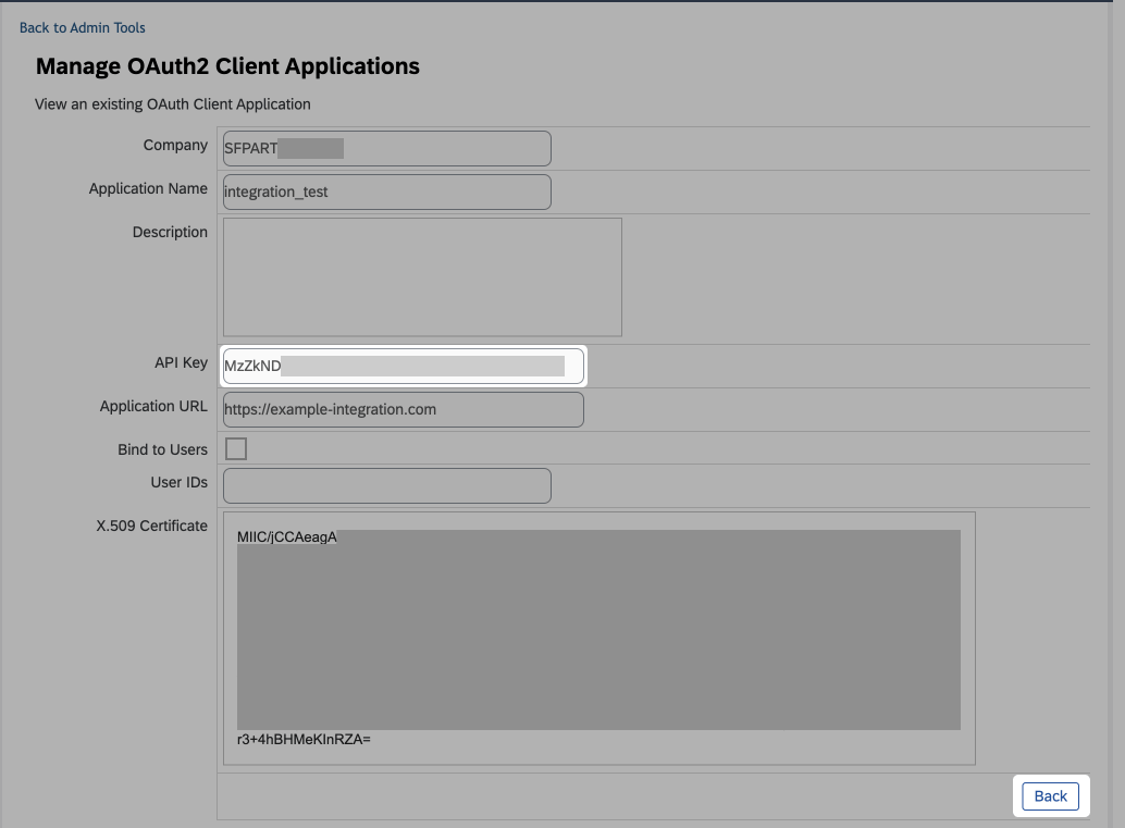 API key in the application details