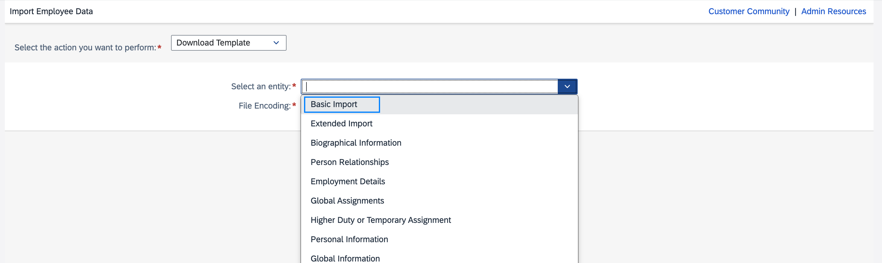Selecting Basic Import as the entity
